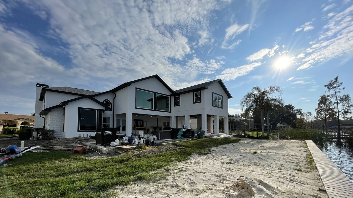 New Construction Home Mid Framing Under A Clear Tampa Sky